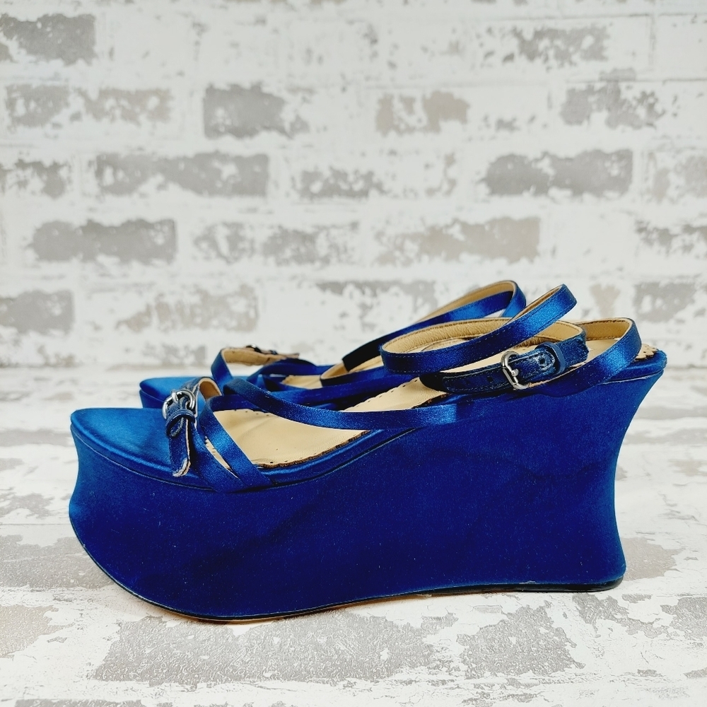 Leon Max Satin Blue Buckle Ankle Strap Wedge Platform Sandals